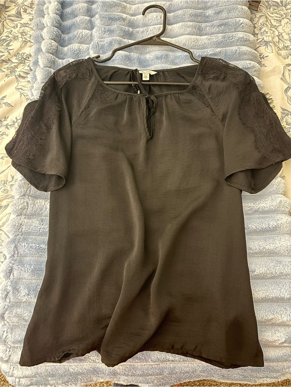 Calvin Klein Black Short Sleeve Blouse with Lace Shoulders - XS